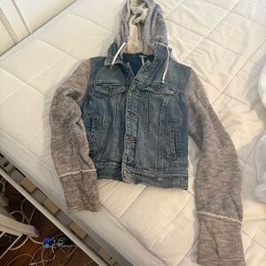 Free People Blue Denim Jacket with Gray Knit Sleeves & Hood